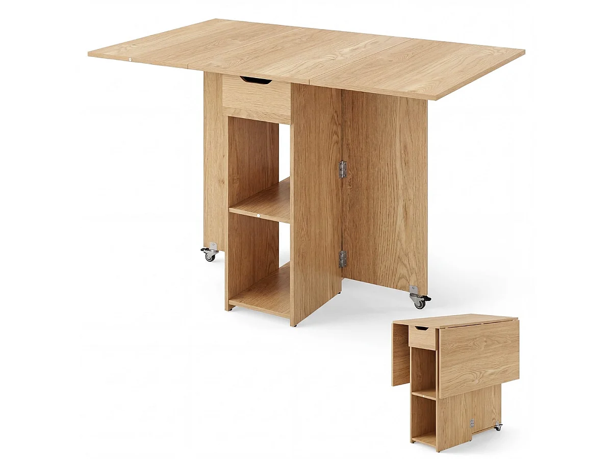 Table à manger pliante à roulettes étagères tiroir gain de place