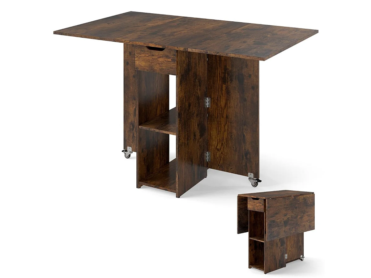 Table de salle à manger pliante à roulettes avec étagères et tiroir