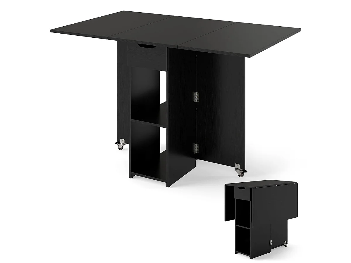 Table à manger pliante à roulettes étagères tiroir gain de place