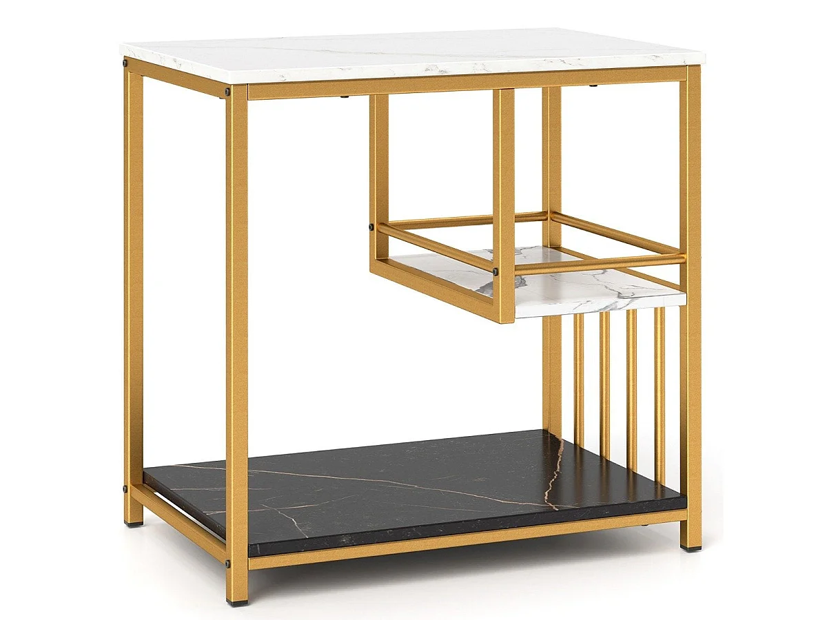 Table d'appoint 3 niveaux aspect marbre blanc métal 60x40 cm - modèle luxe