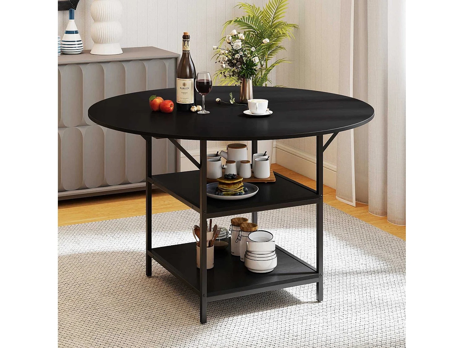 Table à manger ronde 120 cm étagère 2 niveaux structure métal
