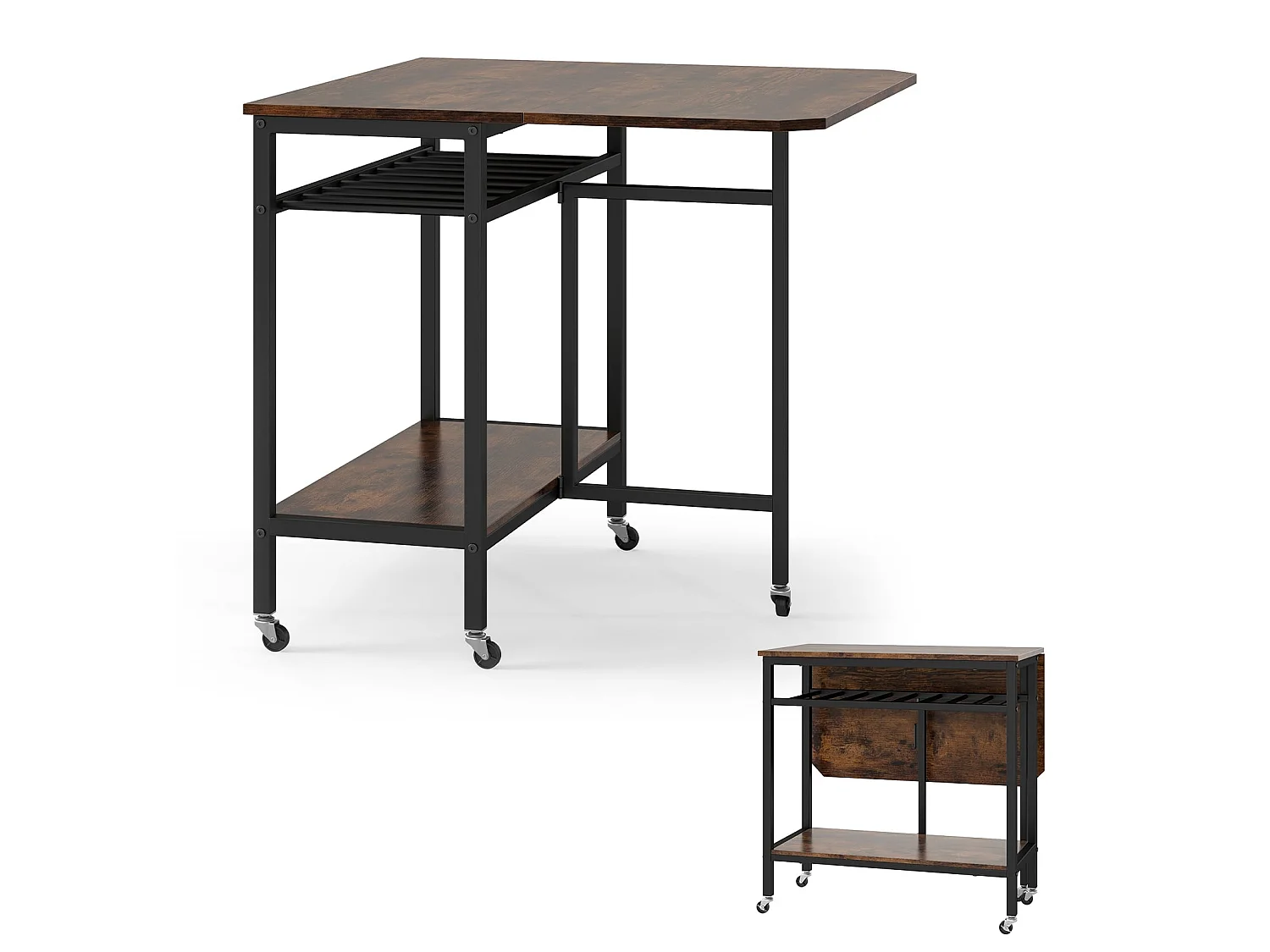 Table de salle à manger pliante à roulettes avec casier à vin, marron rustique