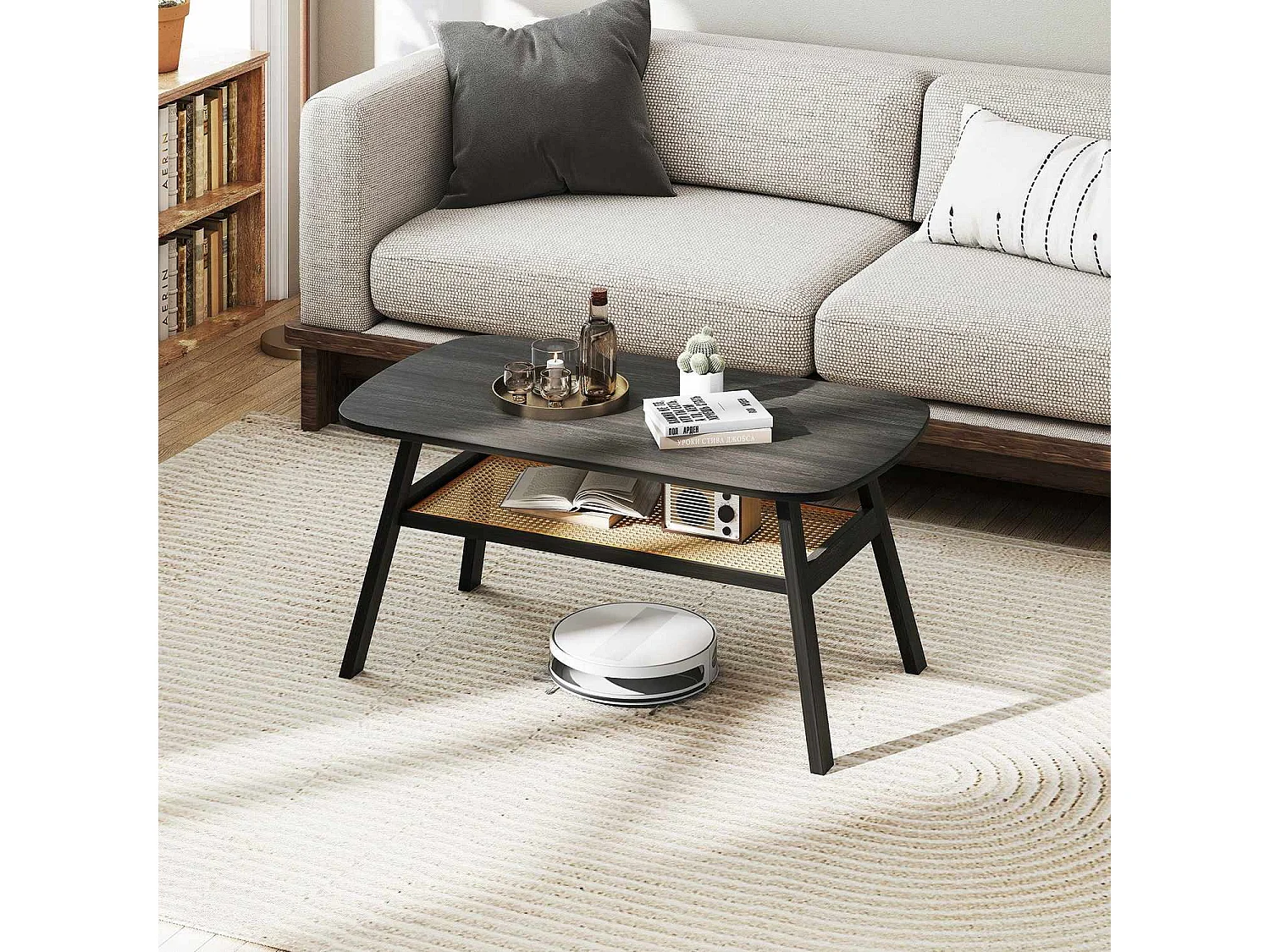 Table basse rectangulaire avec étagère rotin bois 100x55 cm - modèle rustic