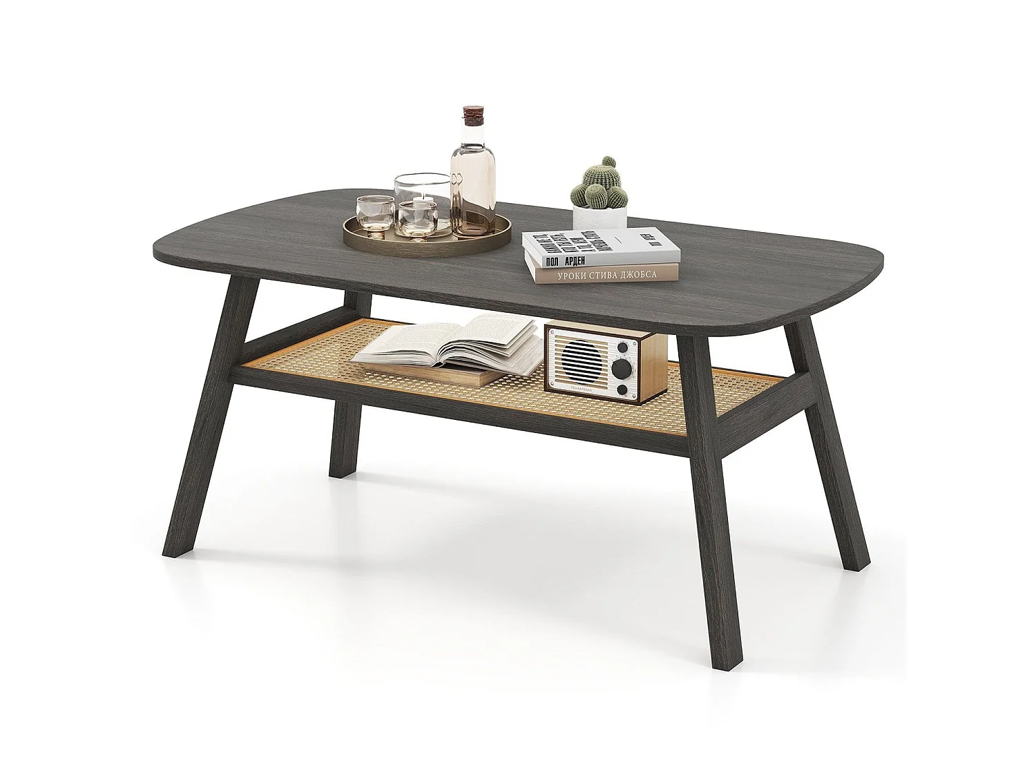 Table basse rectangulaire avec étagère rotin bois 100x55 cm - modèle rustic