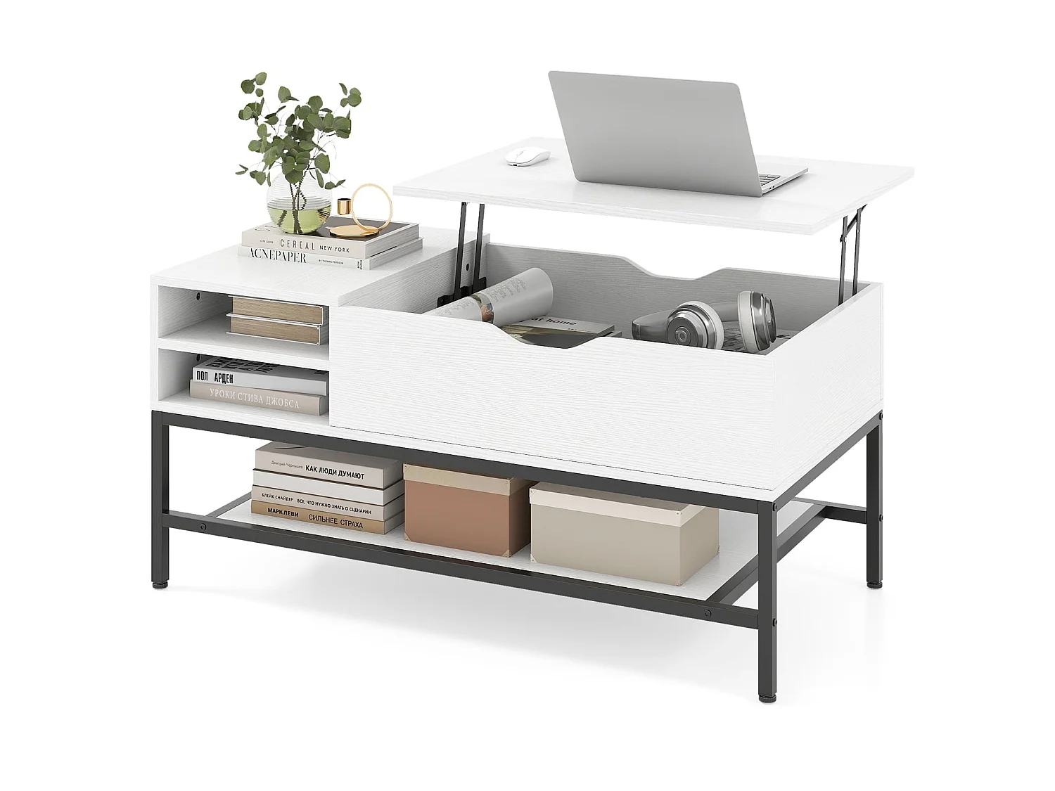 Table basse relevable avec rangement bois brun 99x49x47 cm - modèle lift
