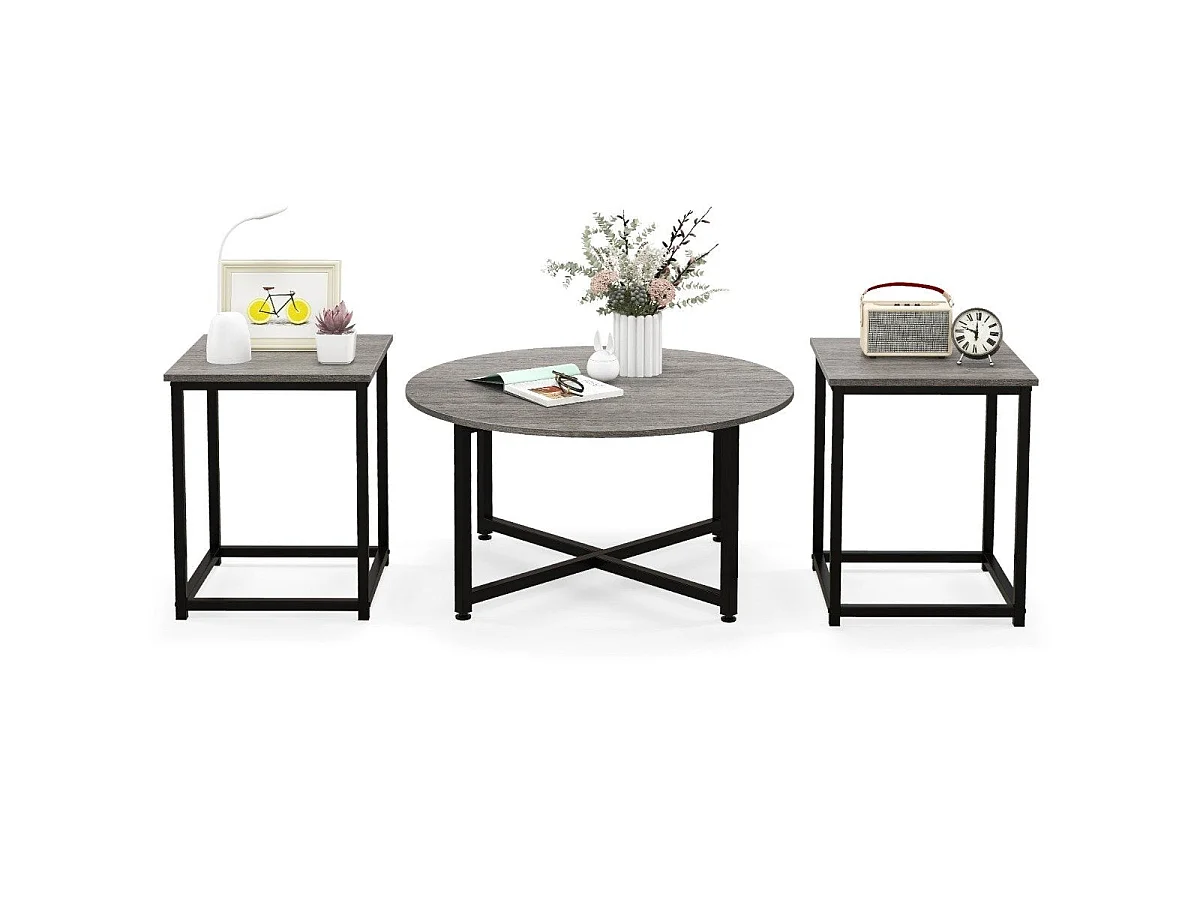 Ensemble tables basses métal gris rond et carrées 3 pièces - modèle modern