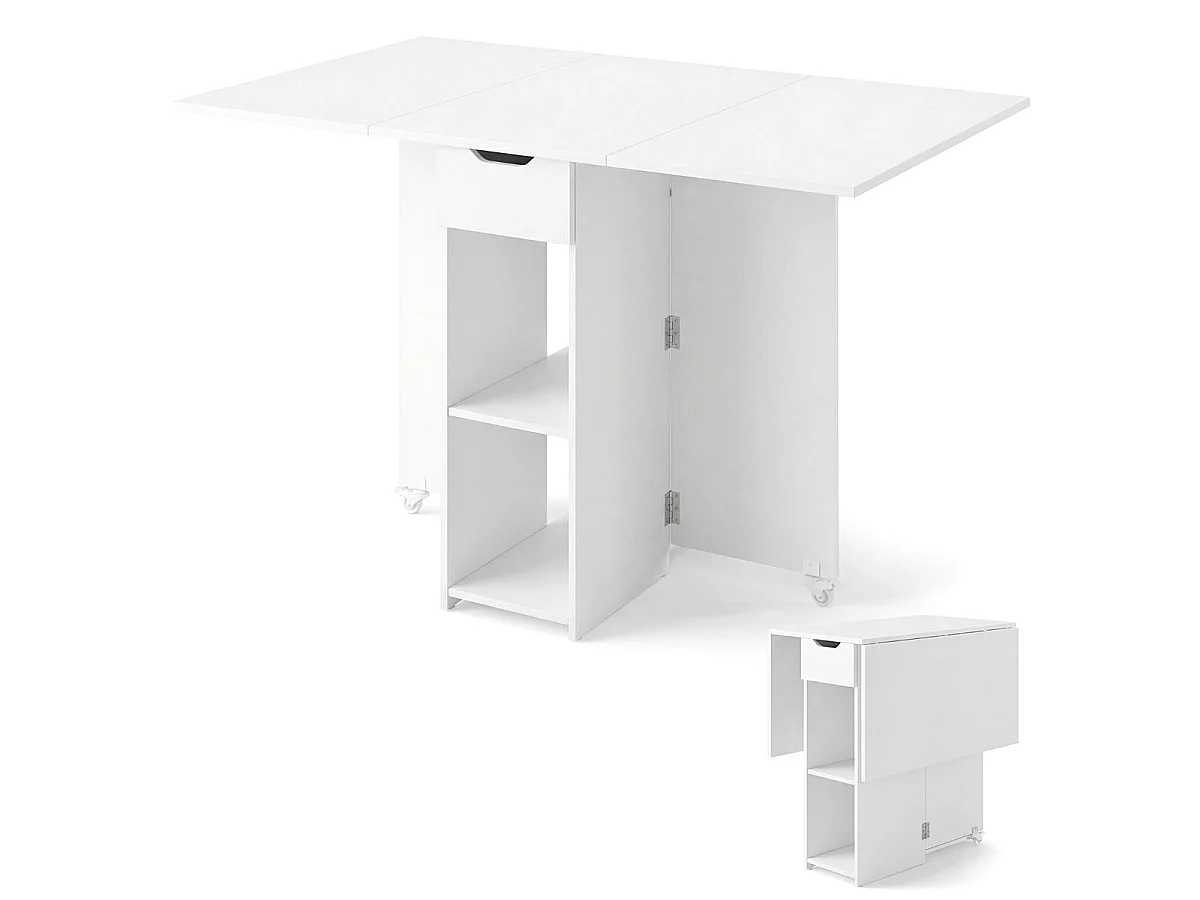 Table à manger pliante à roulettes blanche étagères tiroir gain de place