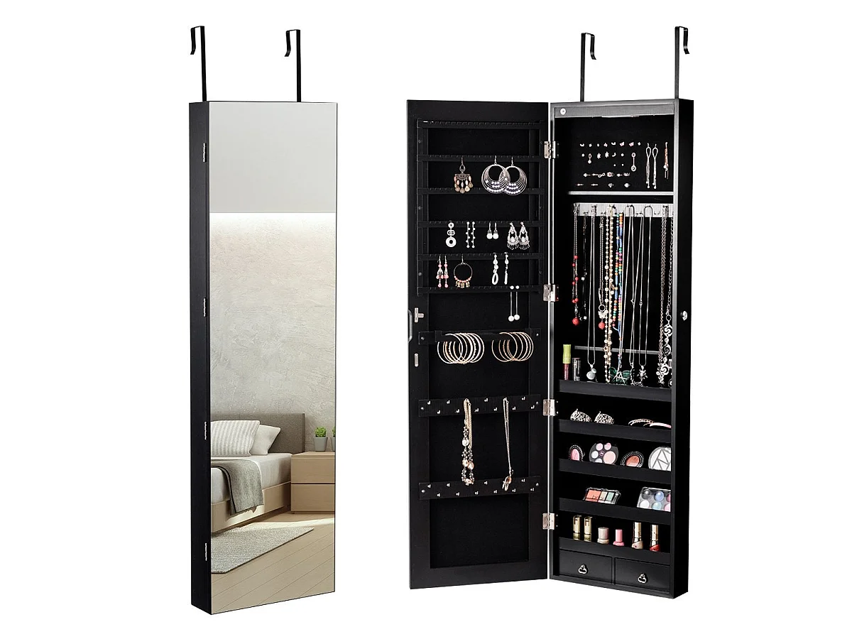Armoire à bijoux miroir mural avec éclairage LED, 120 x 35,5 x 10 cm, noir/blanc-noir