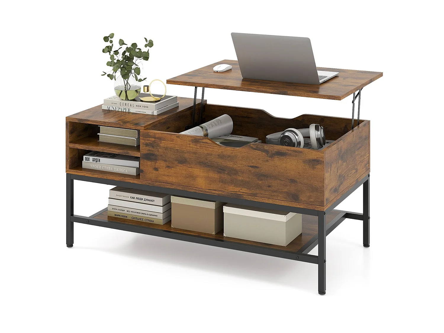 Table basse relevable avec rangement bois brun 99x49 cm - modèle lift