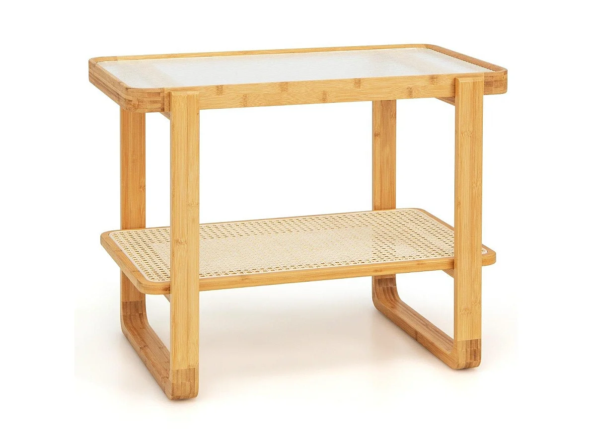 Table basse rectangulaire bambou verre avec étagère rotin 70x44x54 cm - modèle natural