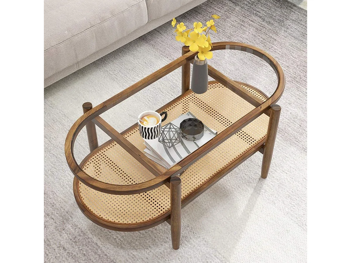 Table basse rectangulaire verre et rotin avec étagère 102x56x47 cm - modèle natural