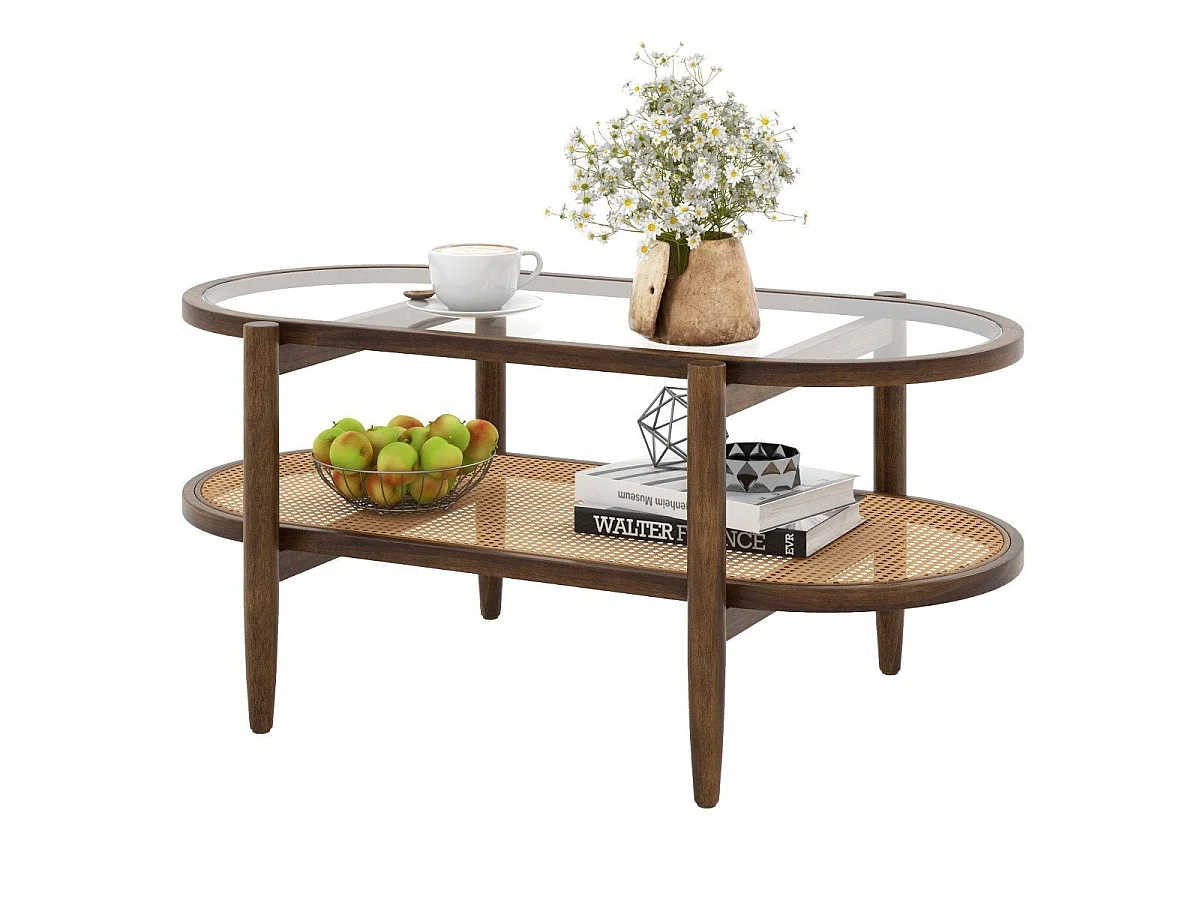 Table basse rectangulaire verre et rotin avec étagère 102x56x47 cm - modèle natural