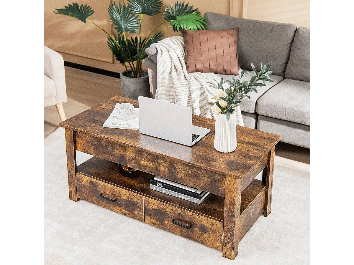 Hevbart salongbord med brune treskuffer 106x50 cm – justerbar modell