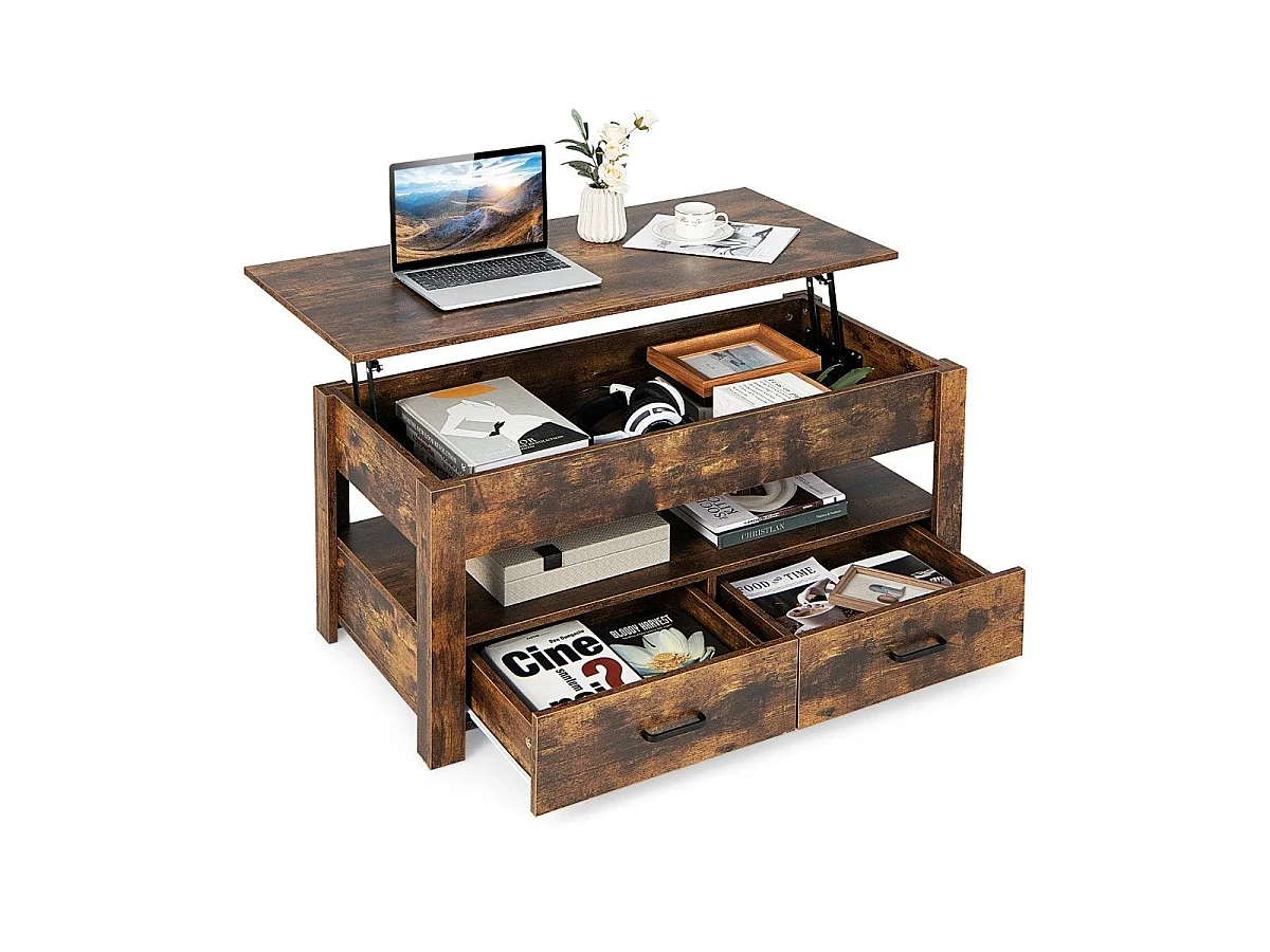 Hevbart salongbord med brune treskuffer 106x50 cm – justerbar modell