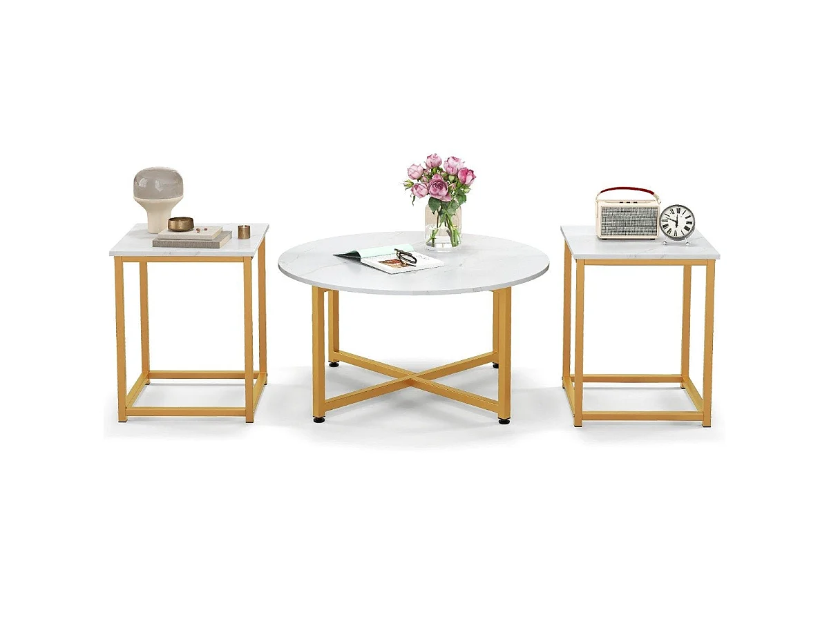Ensemble tables basses métal blanc rond et carrées 3 pièces - modèle modern