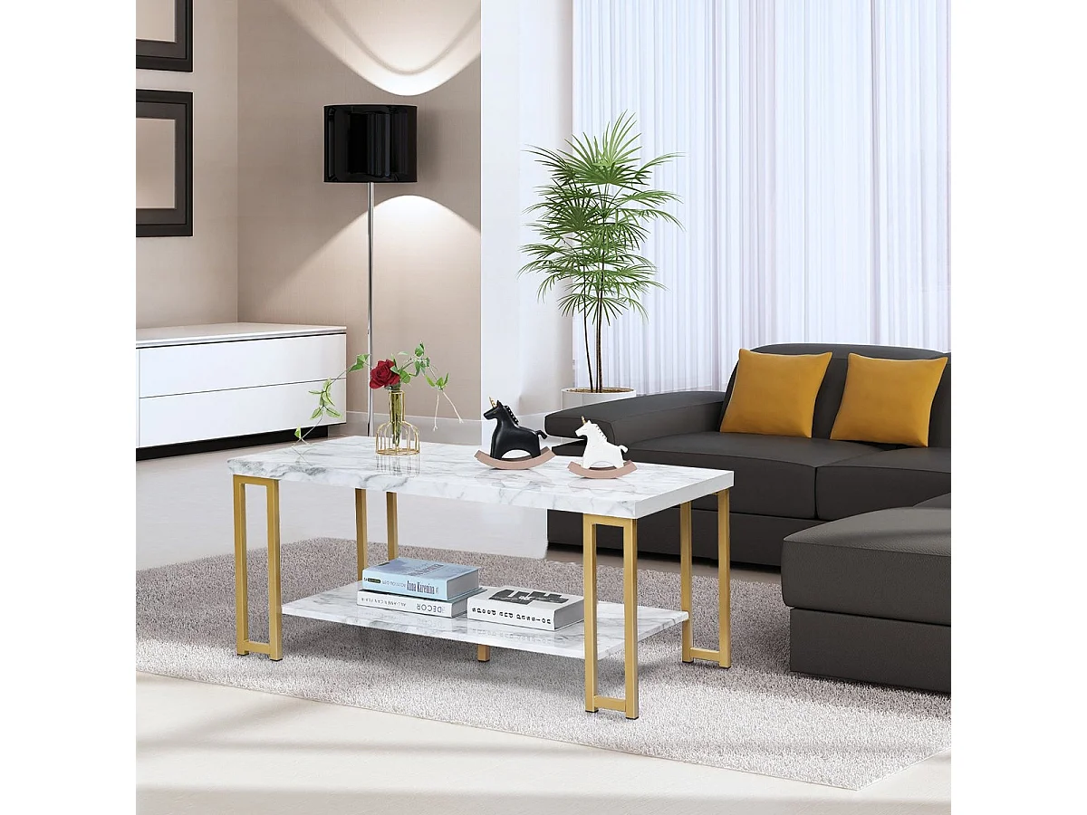 Table basse rectangulaire bois et métal avec étagère 100x49x45 cm - modèle élégant
