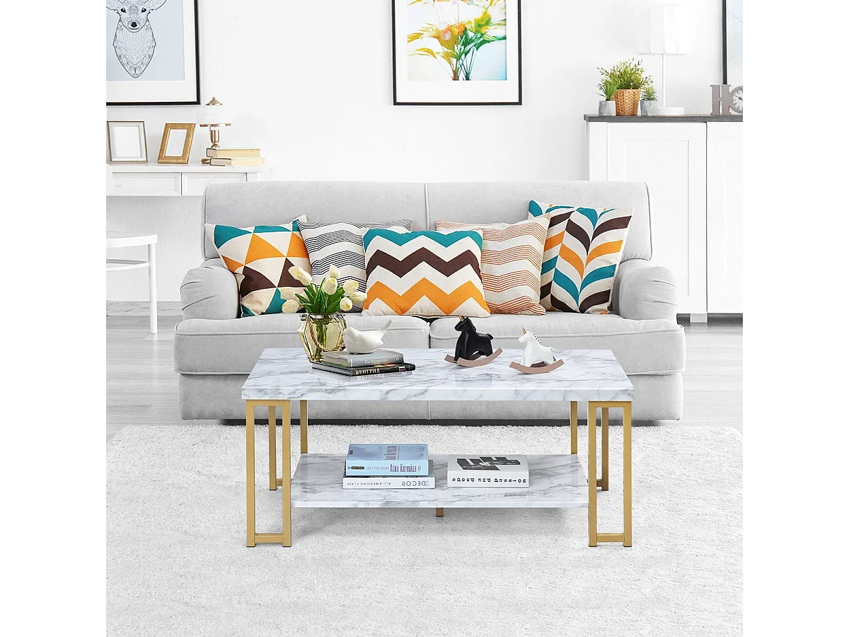 Table basse rectangulaire bois et métal avec étagère 100x49x45 cm - modèle élégant