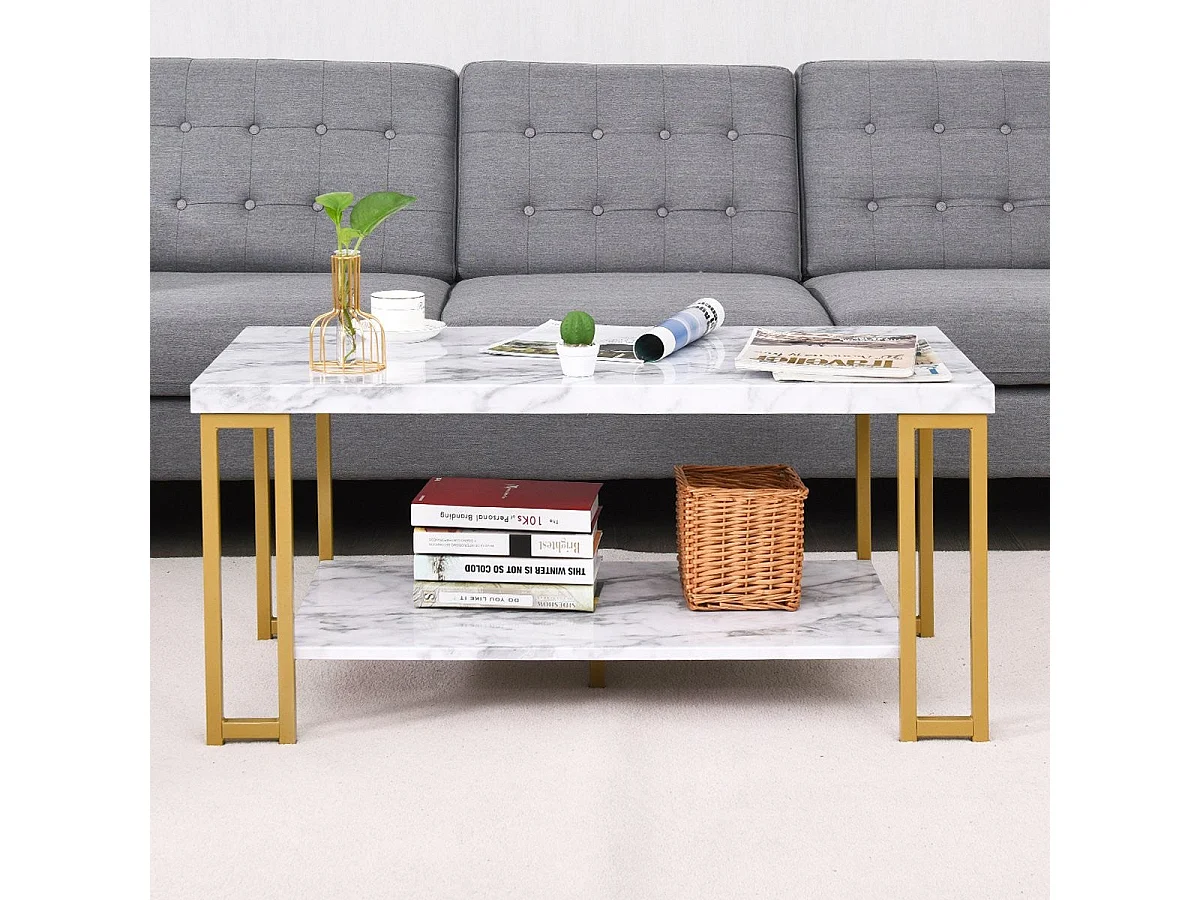 Table basse rectangulaire bois et métal avec étagère 100x49x45 cm - modèle élégant