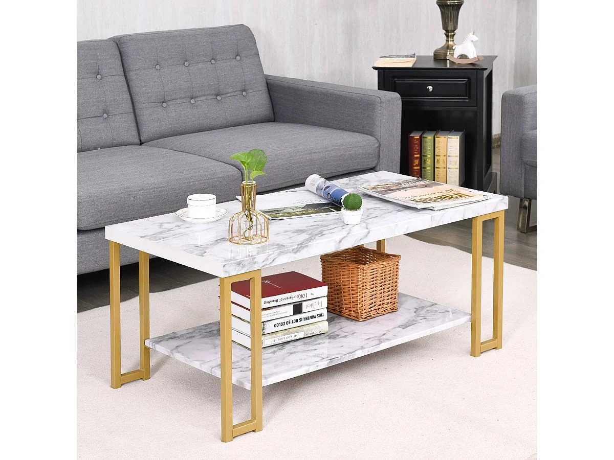Table basse rectangulaire bois et métal avec étagère 100x49x45 cm - modèle élégant