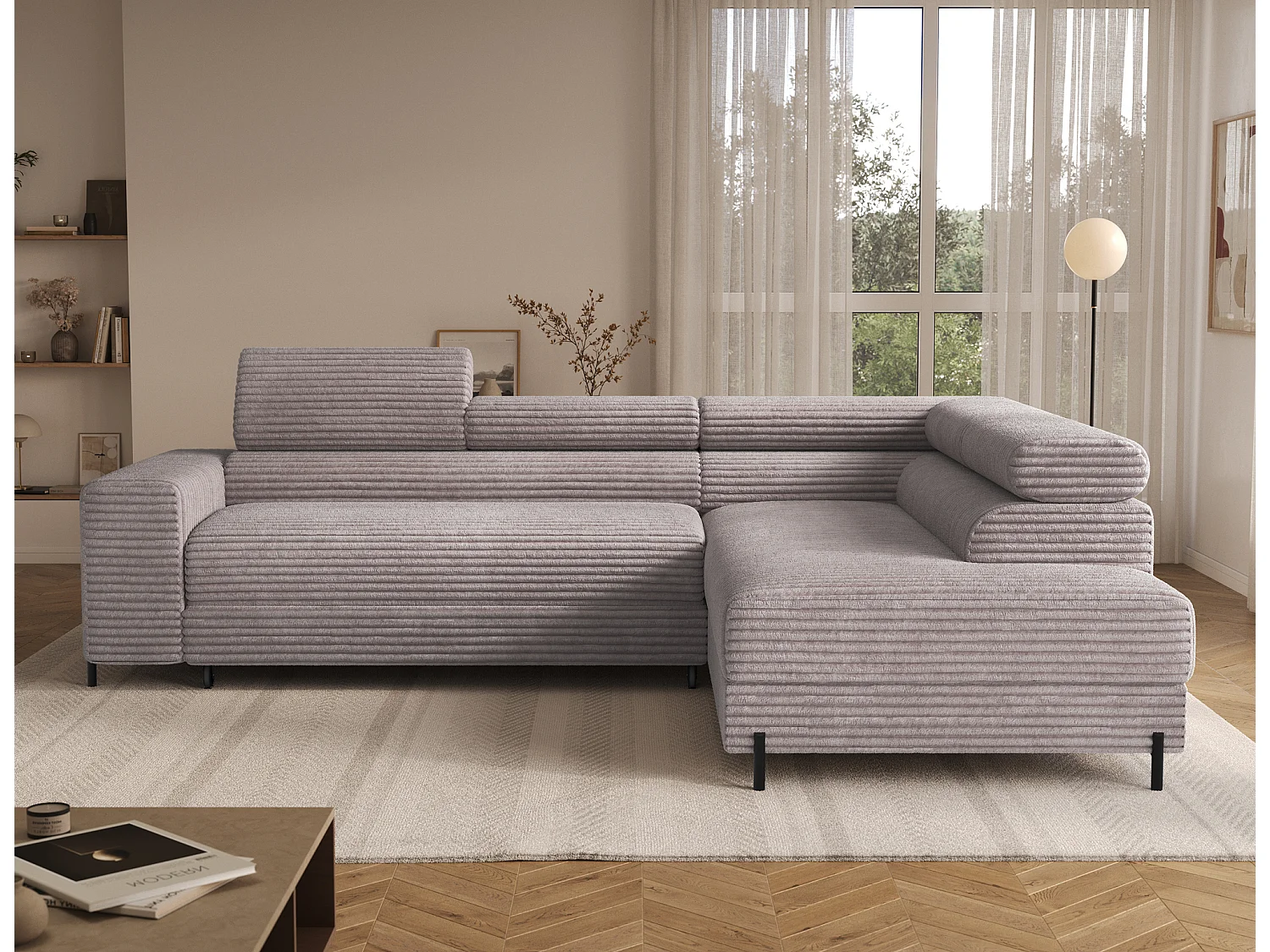 Canapé d’angle convertible KOLEZO en tissu côtelé avec coffre et têtières réglables – 274cm-Gris taupe-angle droit