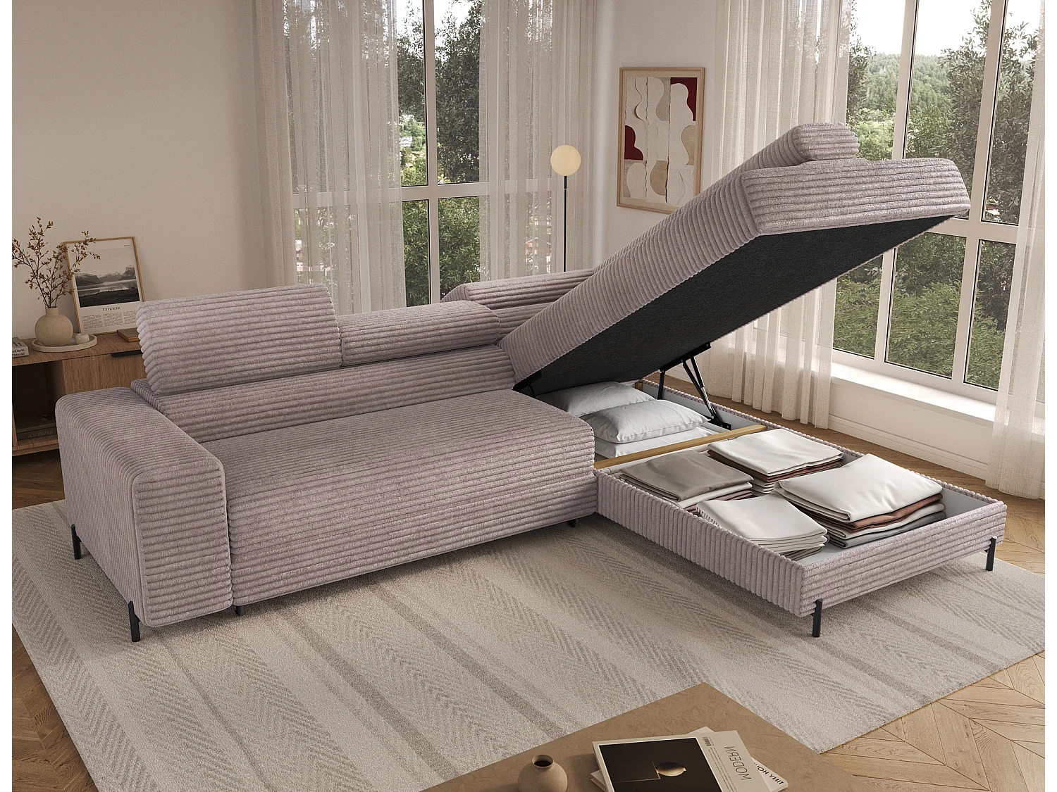 Canapé d’angle convertible KOLEZO en tissu côtelé avec coffre et têtières réglables – 274cm-Gris taupe-angle droit