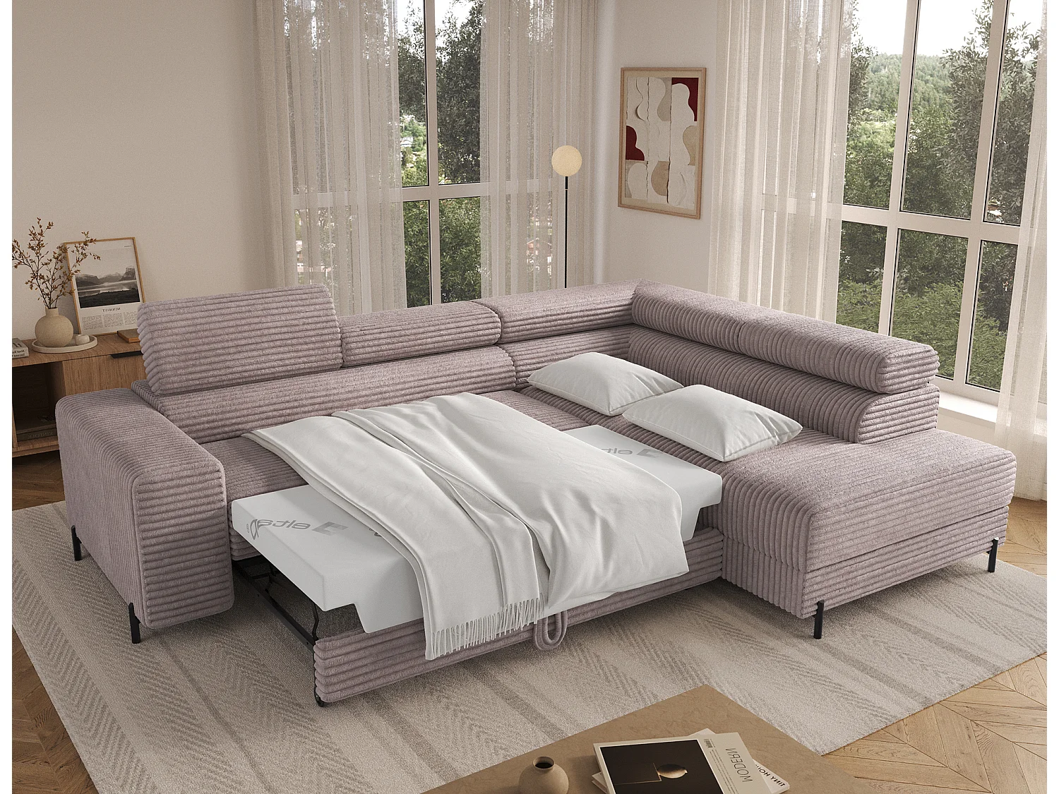 Canapé d’angle convertible KOLEZO en tissu côtelé avec coffre et têtières réglables – 274cm-Gris taupe-angle droit