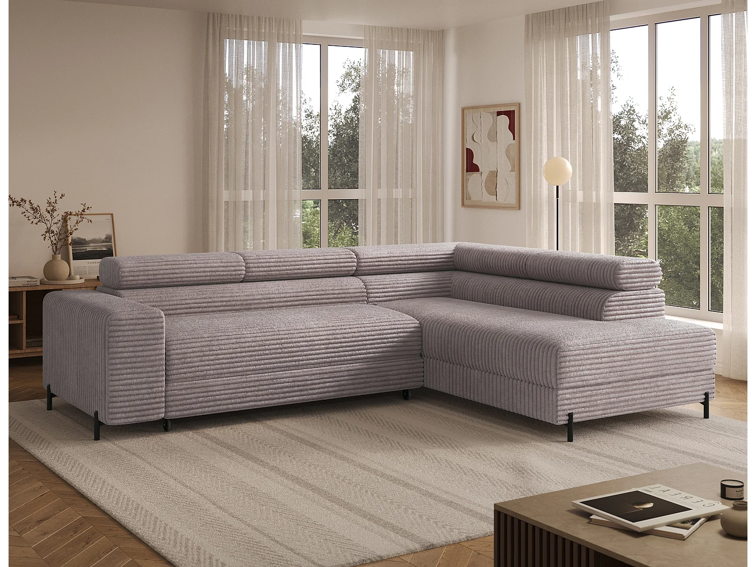 Canapé d’angle convertible KOLEZO en tissu côtelé avec coffre et têtières réglables – 274cm-Gris taupe-angle droit