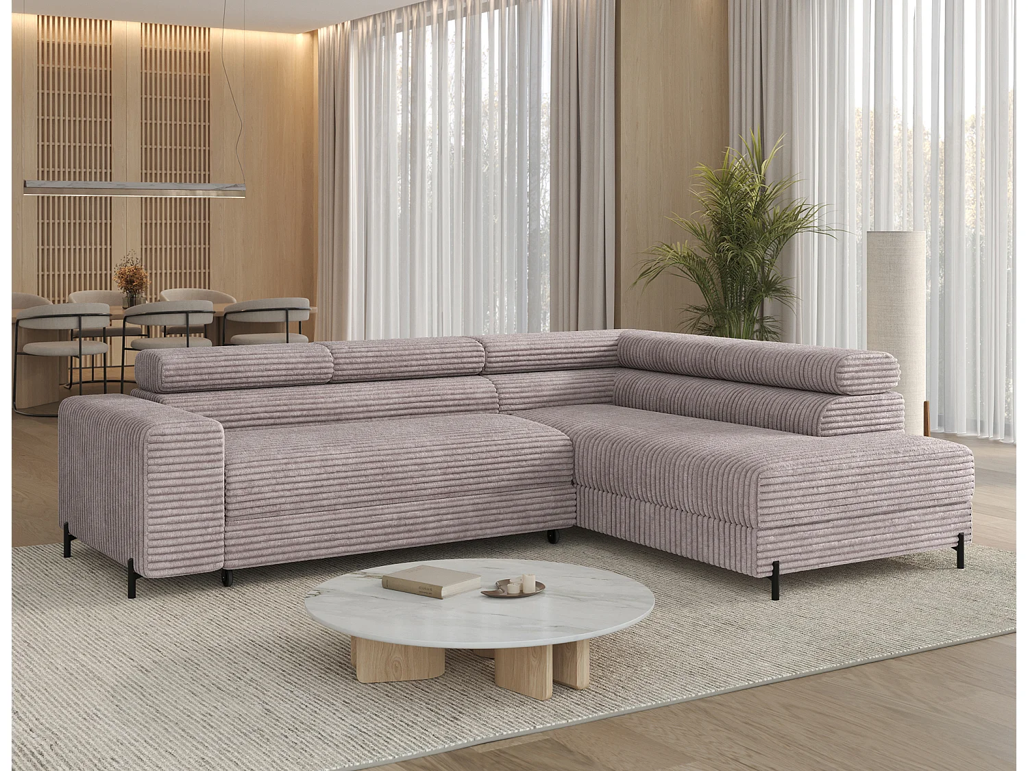 Canapé d’angle convertible KOLEZO en tissu côtelé avec coffre et têtières réglables – 274cm-Gris taupe-angle droit