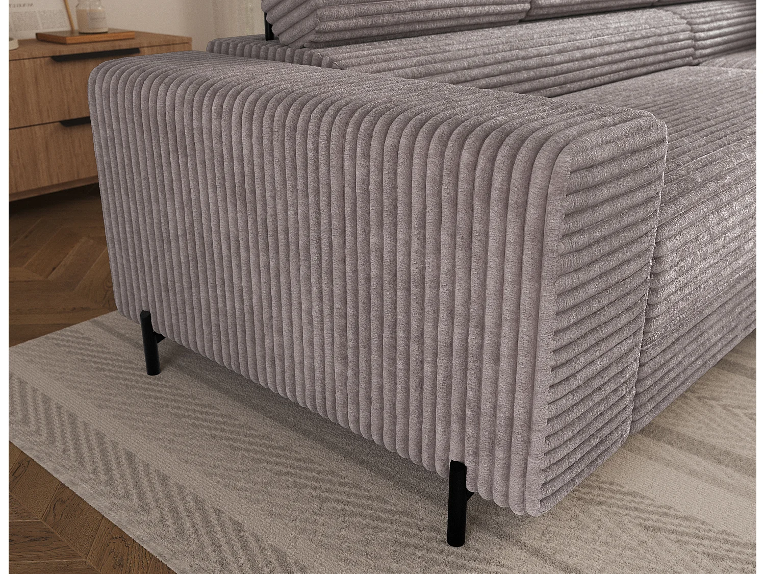 Canapé d’angle convertible KOLEZO en tissu côtelé avec coffre et têtières réglables – 274cm-Gris taupe-angle droit