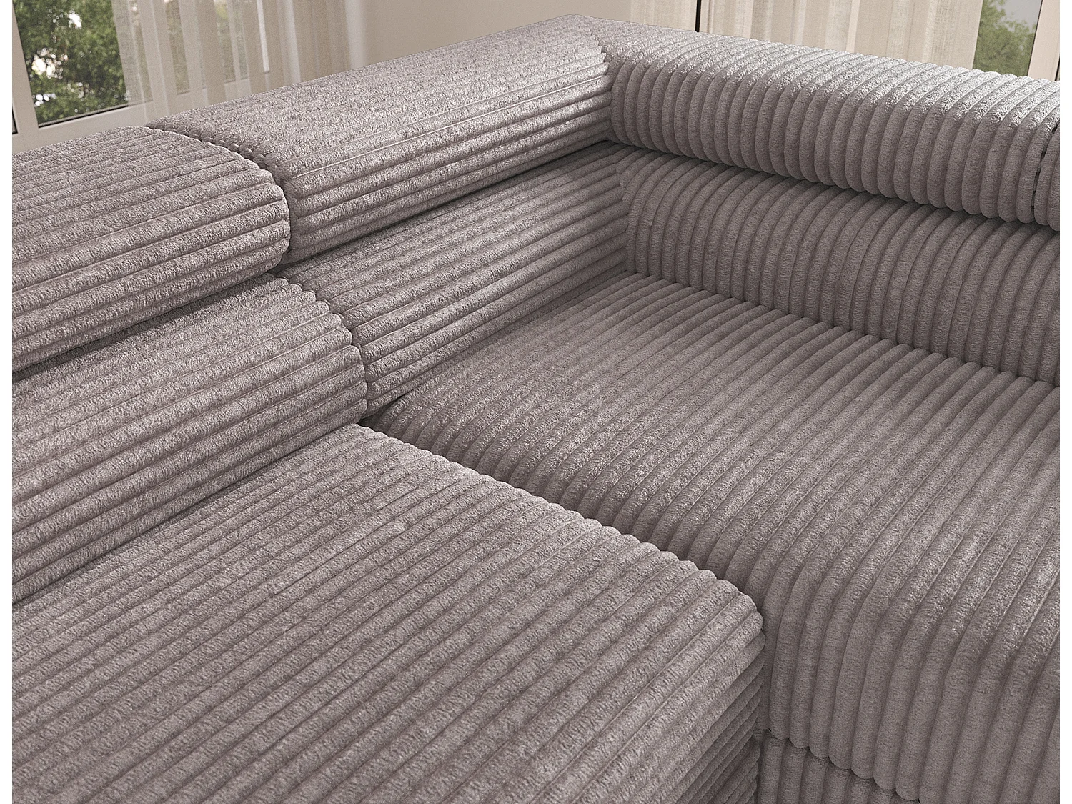 Canapé d’angle convertible KOLEZO en tissu côtelé avec coffre et têtières réglables – 274cm-Gris taupe-angle droit