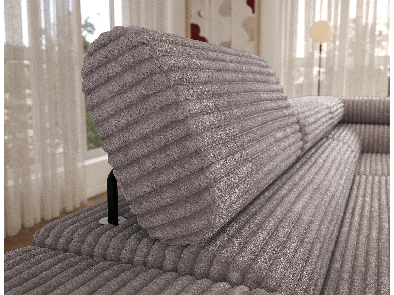 Canapé d’angle convertible KOLEZO en tissu côtelé avec coffre et têtières réglables – 274cm-Gris taupe-angle droit