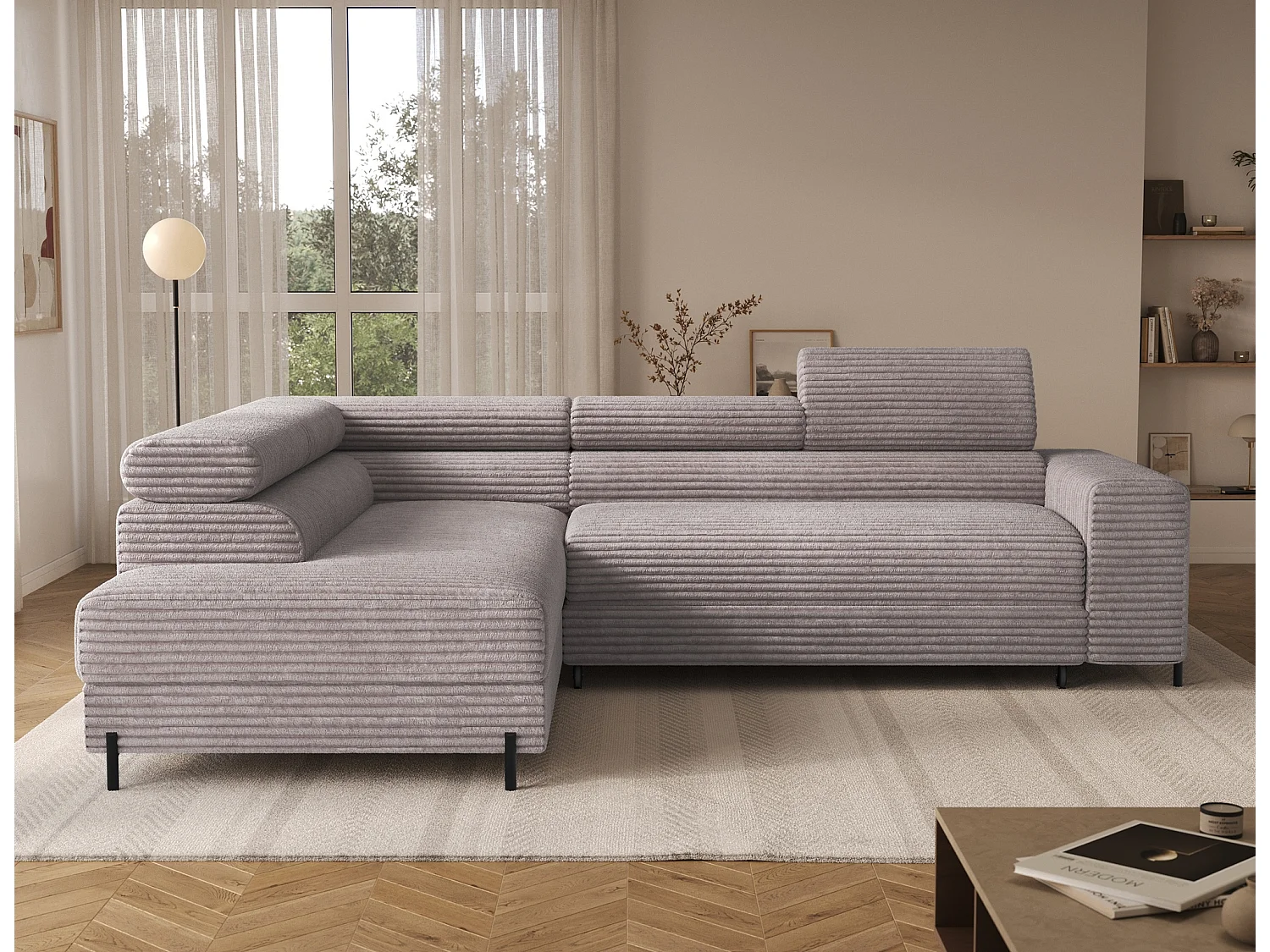 Canapé d’angle convertible KOLEZO en tissu côtelé avec coffre et têtières réglables – 274cm-Gris taupe-angle gauche