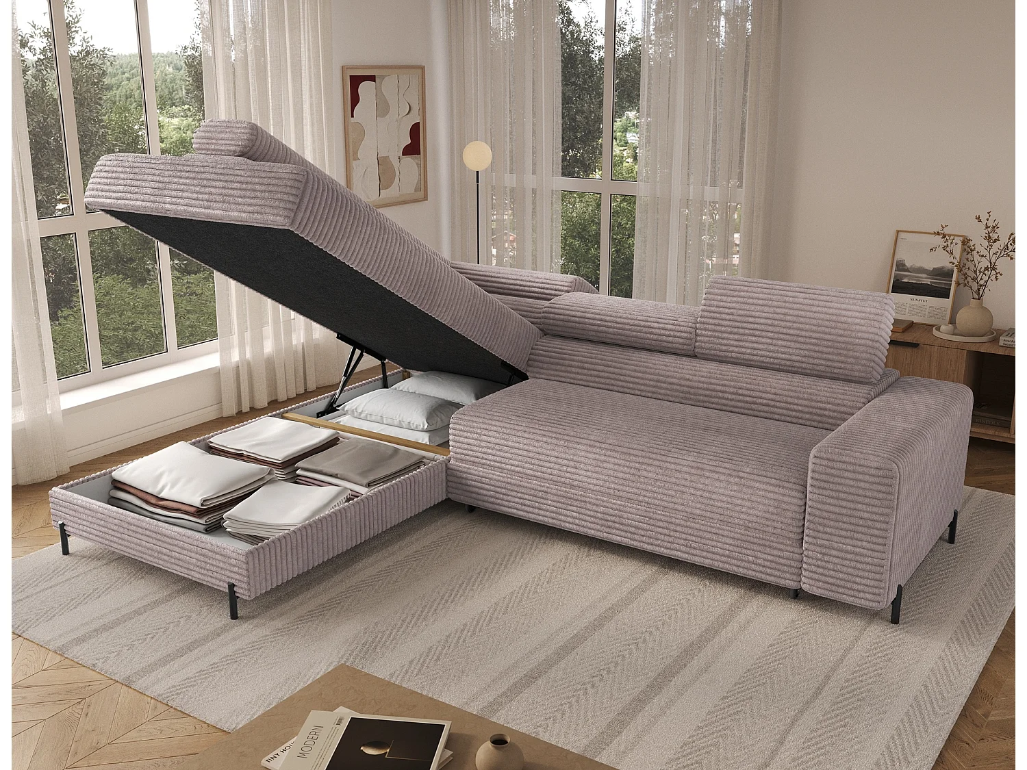 Canapé d’angle convertible KOLEZO en tissu côtelé avec coffre et têtières réglables – 274cm-Gris taupe-angle gauche