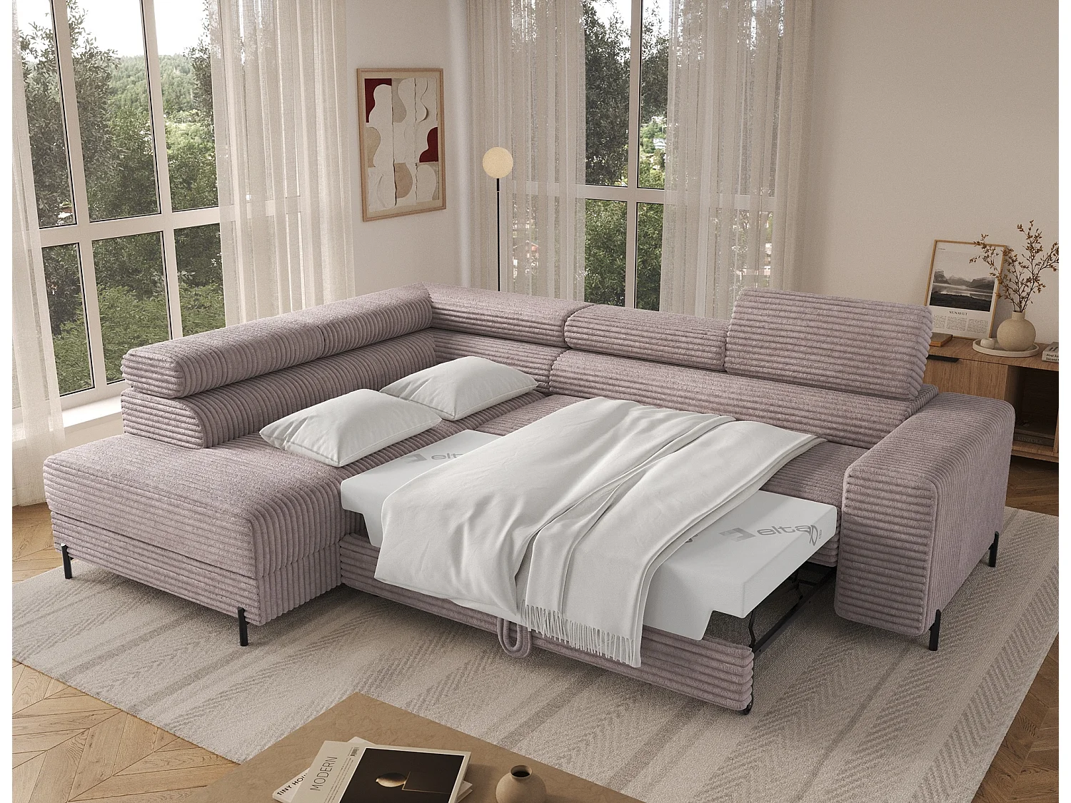 Canapé d’angle convertible KOLEZO en tissu côtelé avec coffre et têtières réglables – 274cm-Gris taupe-angle gauche
