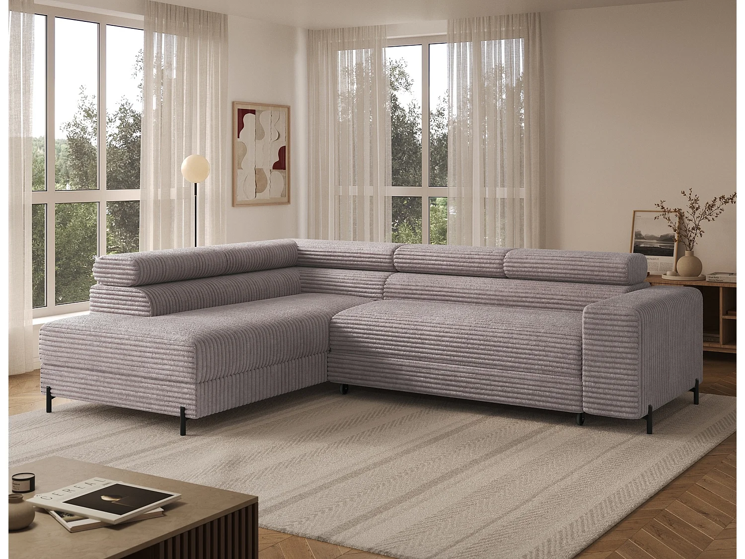 Canapé d’angle convertible KOLEZO en tissu côtelé avec coffre et têtières réglables – 274cm-Gris taupe-angle gauche