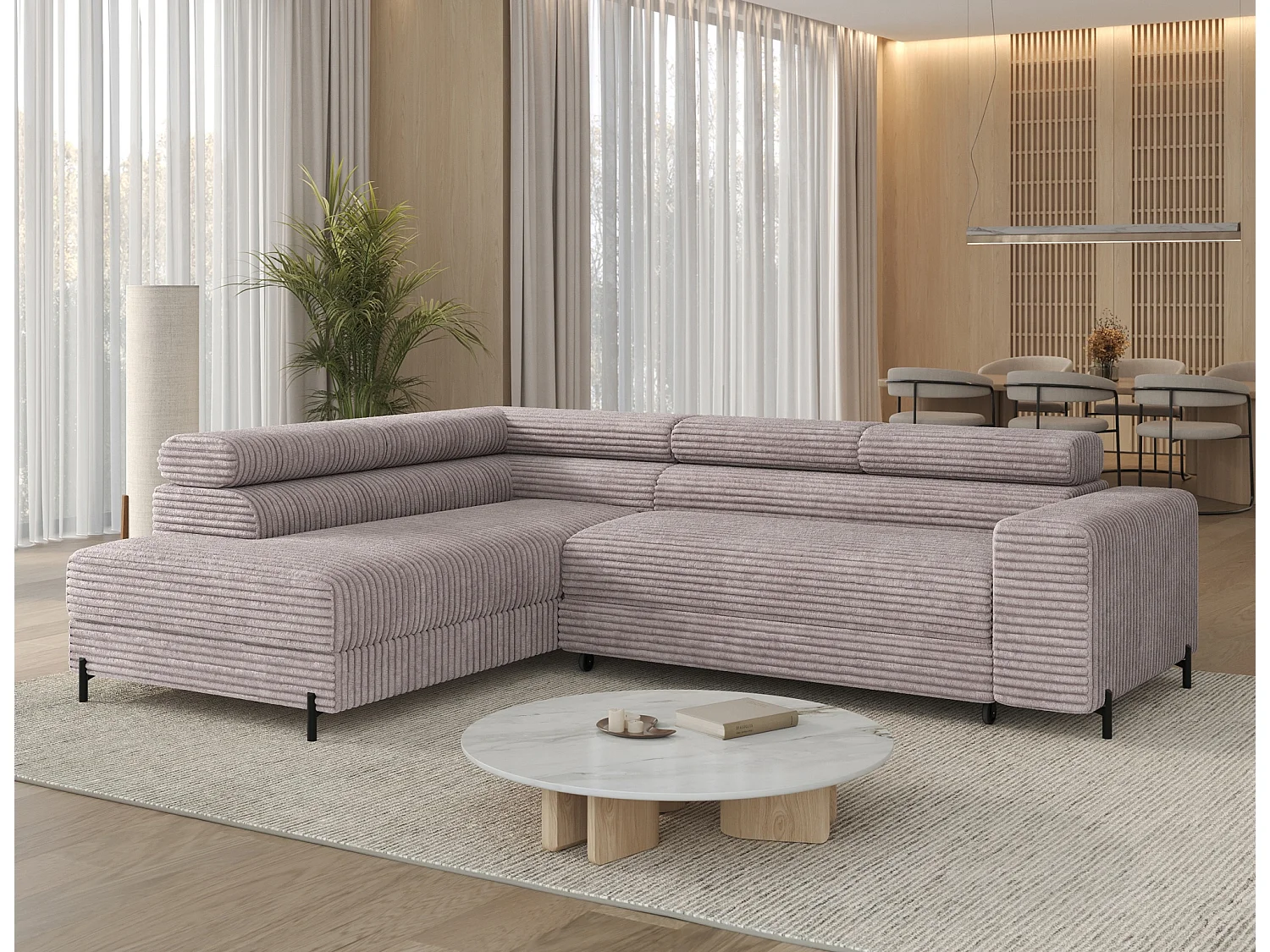 Canapé d’angle convertible KOLEZO en tissu côtelé avec coffre et têtières réglables – 274cm-Gris taupe-angle gauche