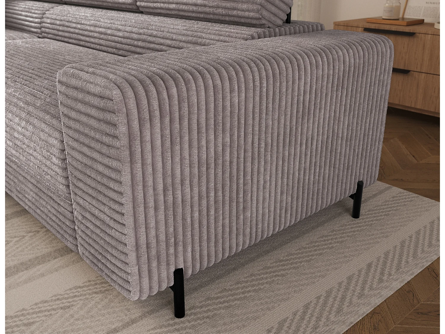 Canapé d’angle convertible KOLEZO en tissu côtelé avec coffre et têtières réglables – 274cm-Gris taupe-angle gauche