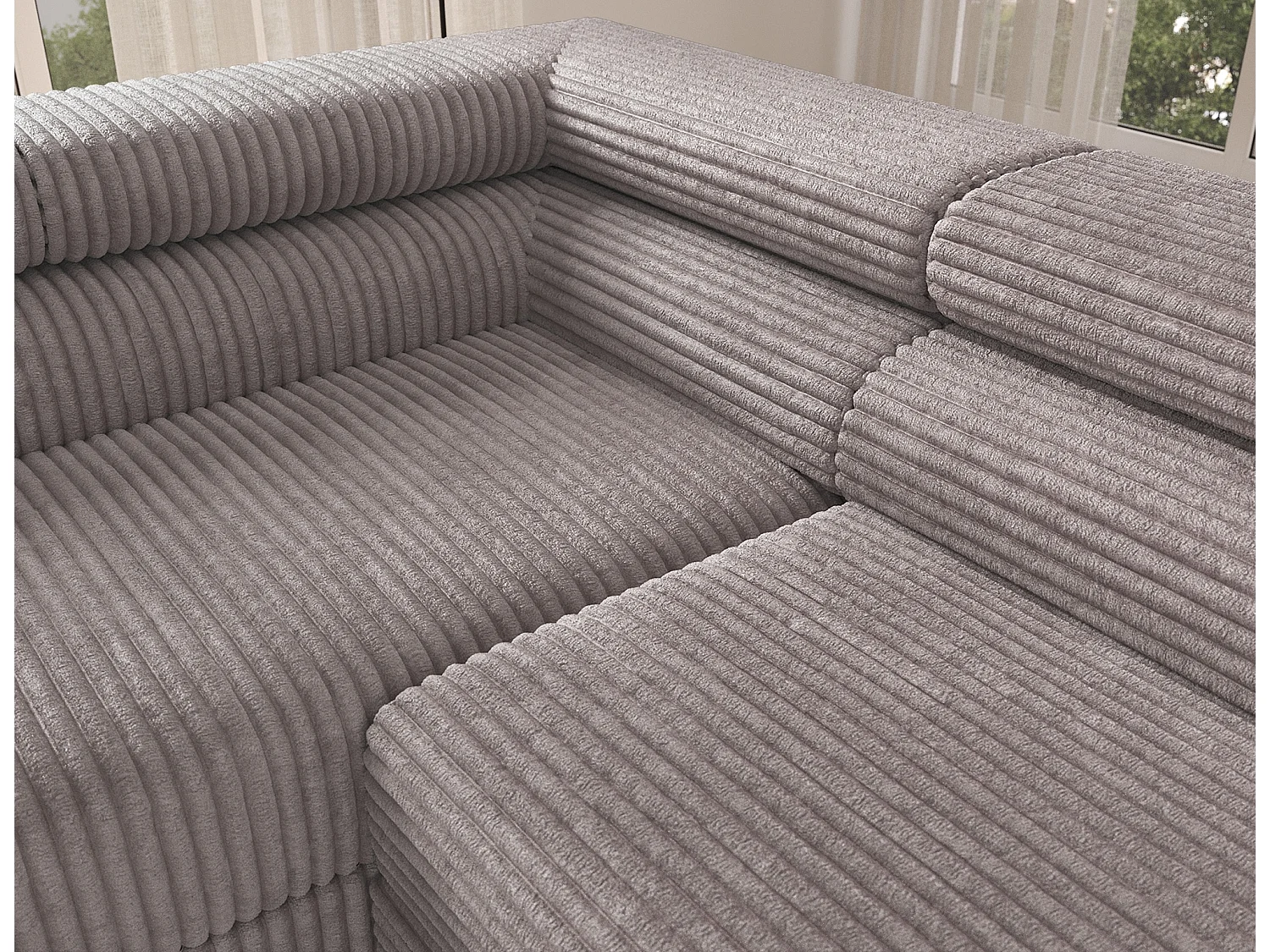Canapé d’angle convertible KOLEZO en tissu côtelé avec coffre et têtières réglables – 274cm-Gris taupe-angle gauche
