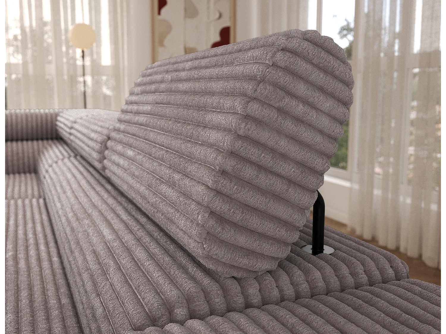 Canapé d’angle convertible KOLEZO en tissu côtelé avec coffre et têtières réglables – 274cm-Gris taupe-angle gauche