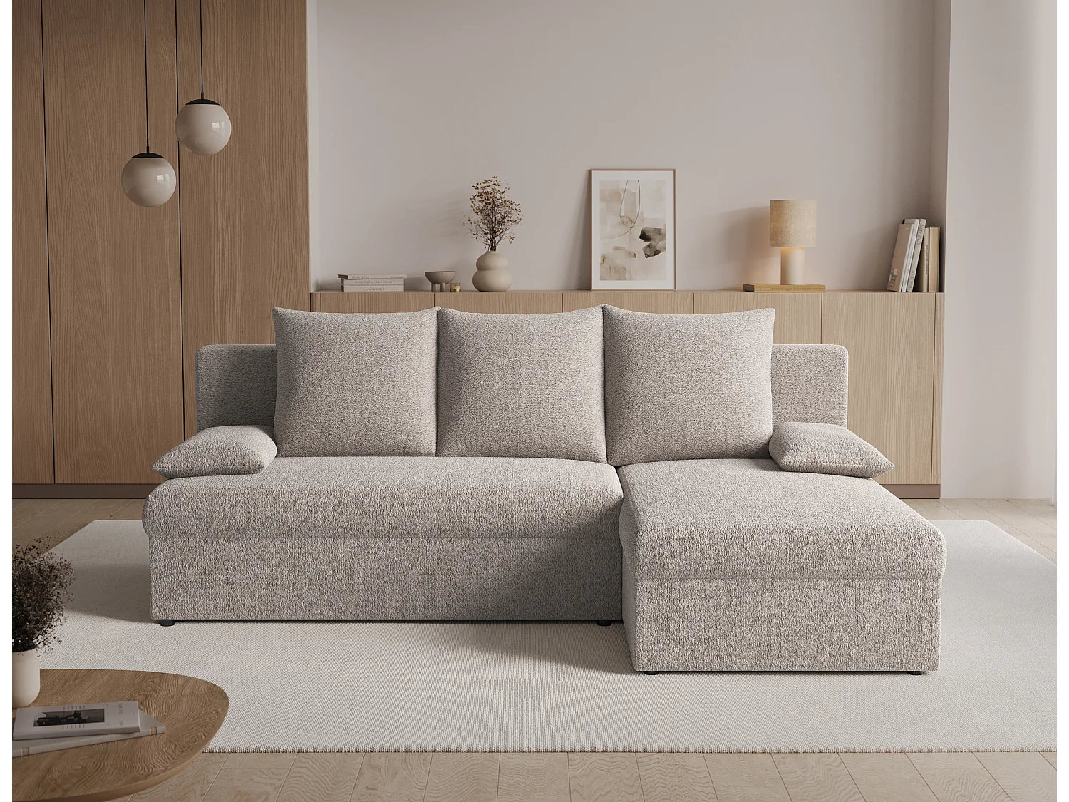 Canapé d’angle réversible convertible GARY en tissu côtelé – 206cm-Taupe clair