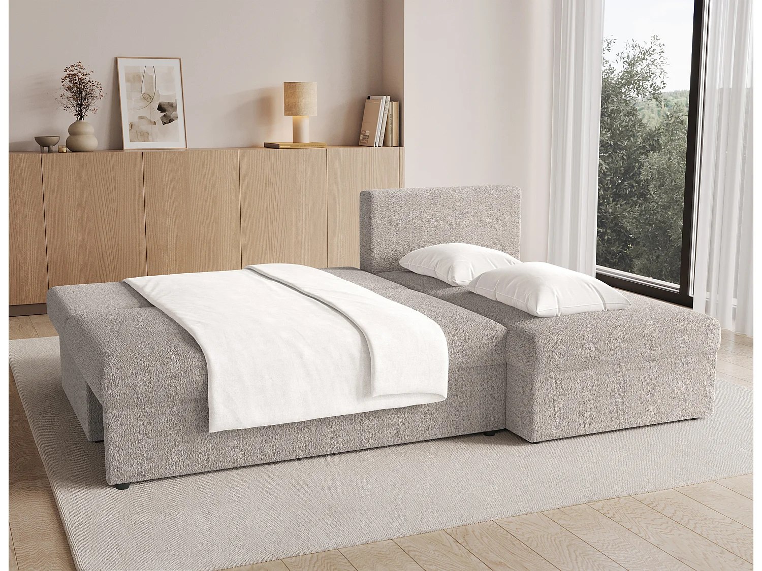 Canapé d’angle réversible convertible GARY en tissu côtelé – 206cm-Taupe clair