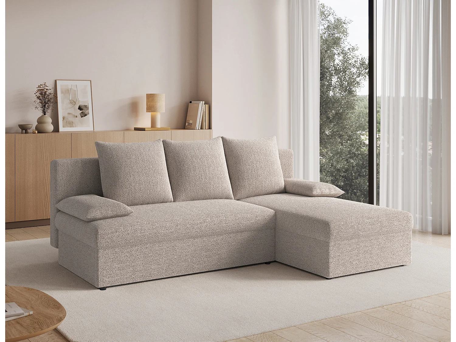 Canapé d’angle réversible convertible GARY en tissu côtelé – 206cm-Taupe clair