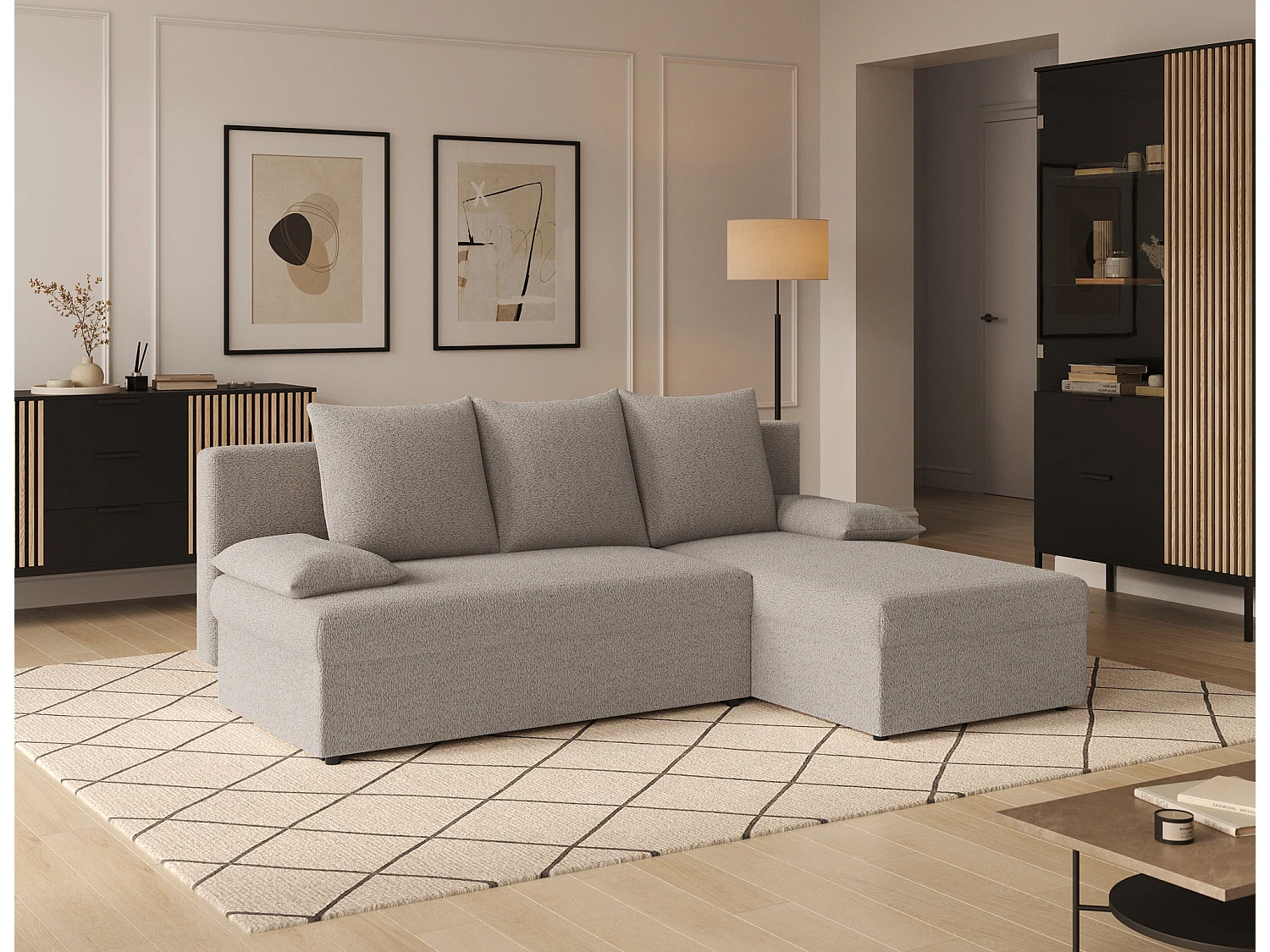 Canapé d’angle réversible convertible GARY en tissu côtelé – 206cm-Taupe clair