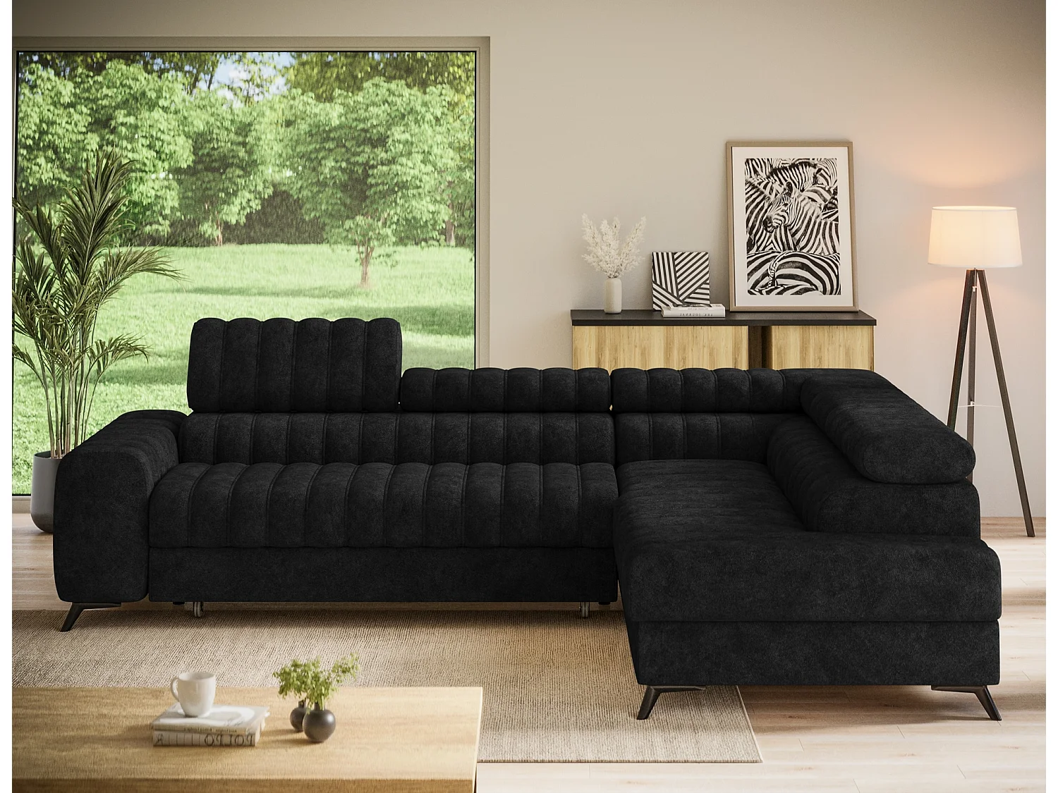Canapé d’angle convertible KANDO en tissu texturé – 269cm-Noir-angle droit