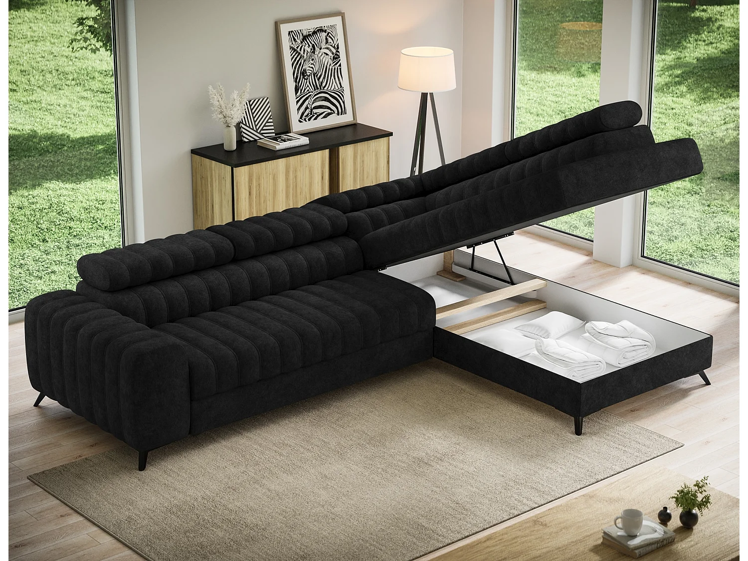 Canapé d’angle convertible KANDO en tissu texturé – 269cm-Noir-angle droit