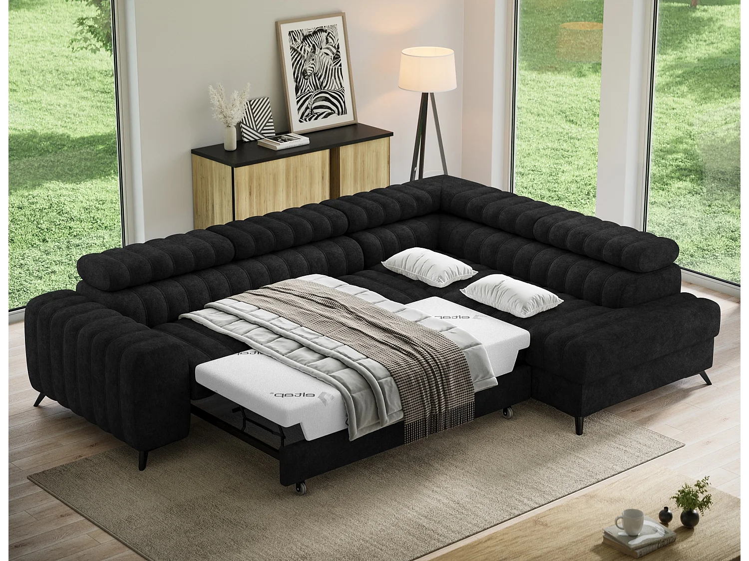 Canapé d’angle convertible KANDO en tissu texturé – 269cm-Noir-angle droit