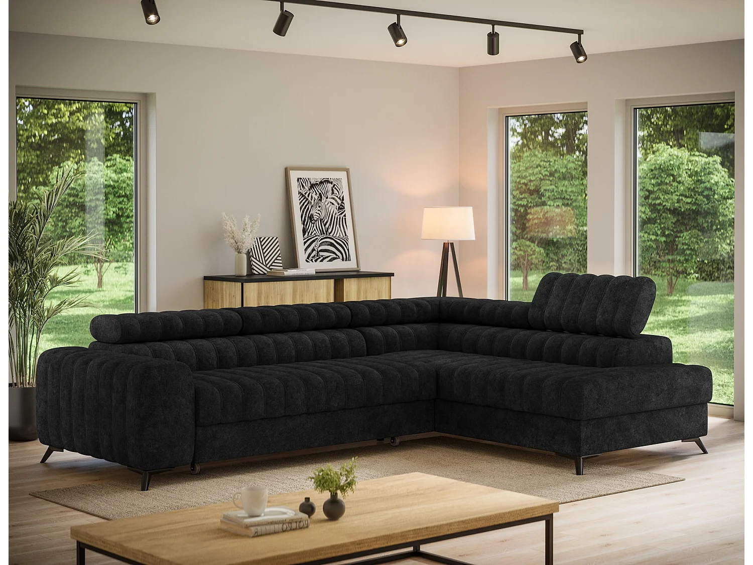 Canapé d’angle convertible KANDO en tissu texturé – 269cm-Noir-angle droit