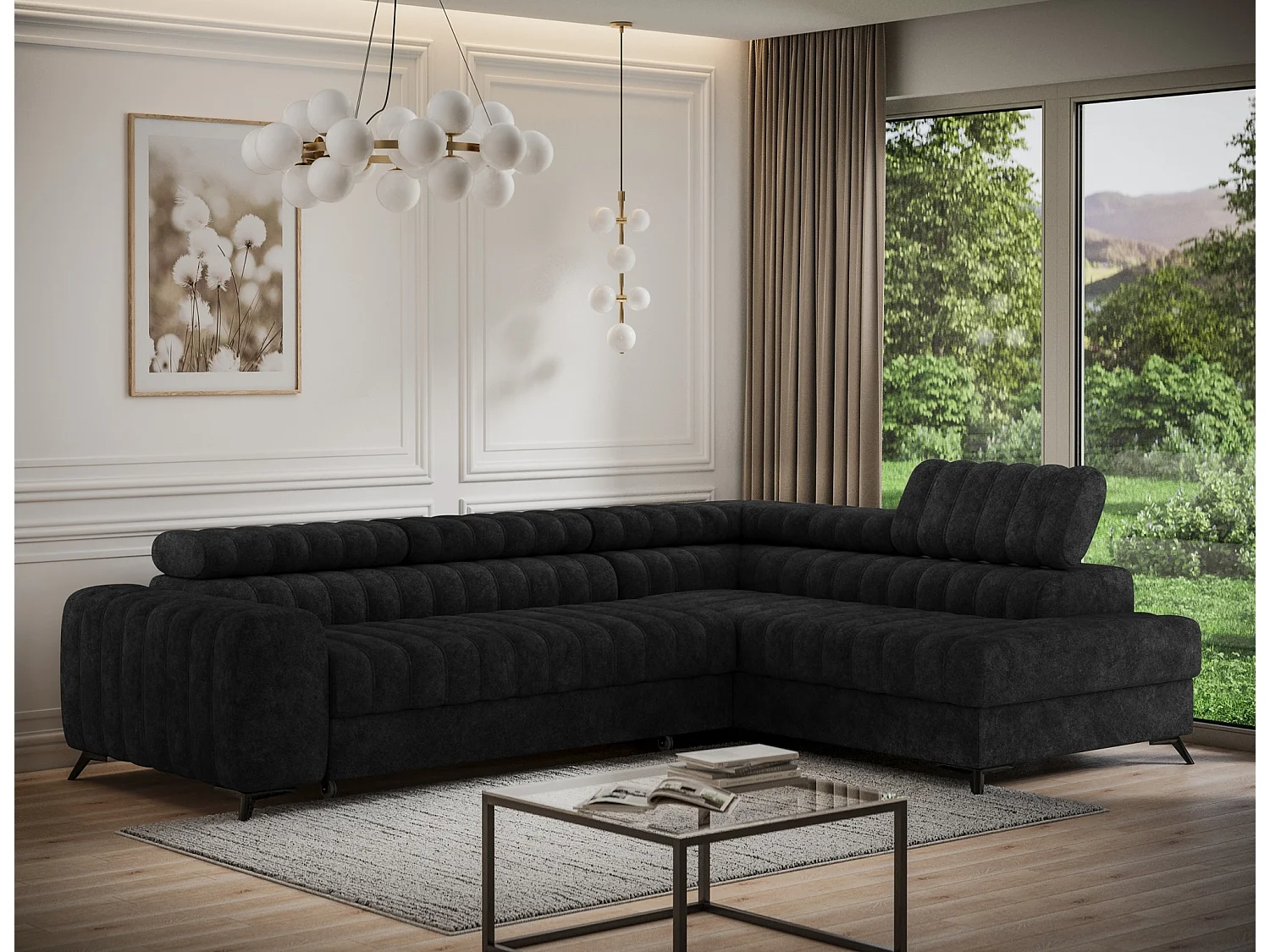 Canapé d’angle convertible KANDO en tissu texturé – 269cm-Noir-angle droit