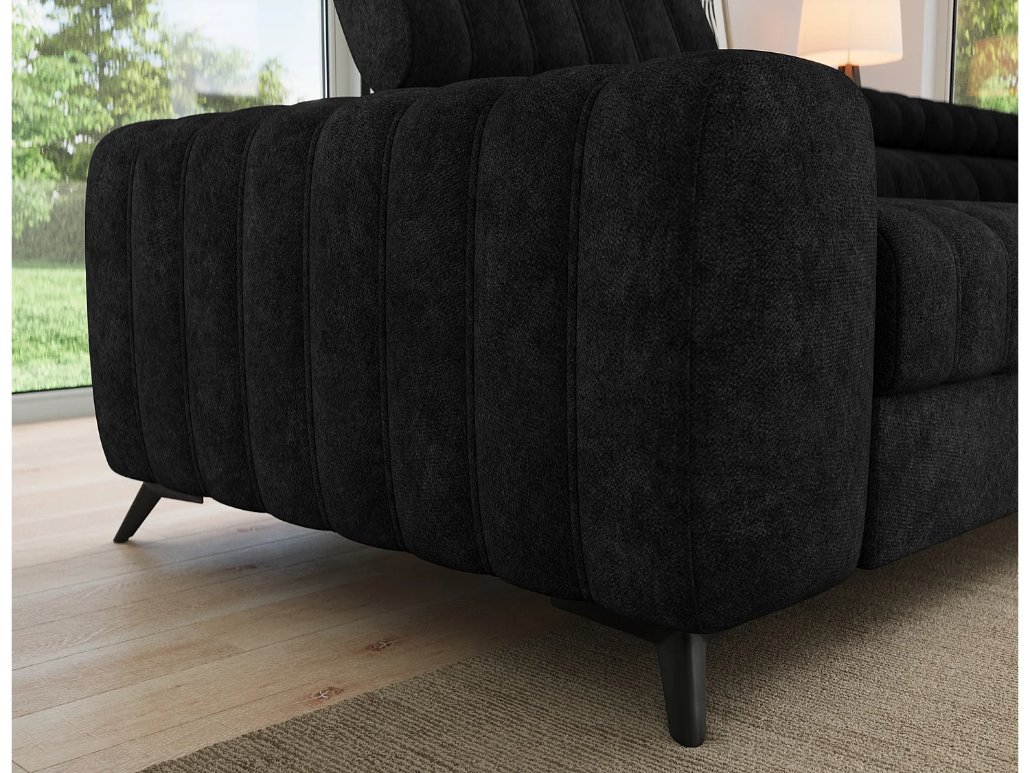 Canapé d’angle convertible KANDO en tissu texturé – 269cm-Noir-angle droit