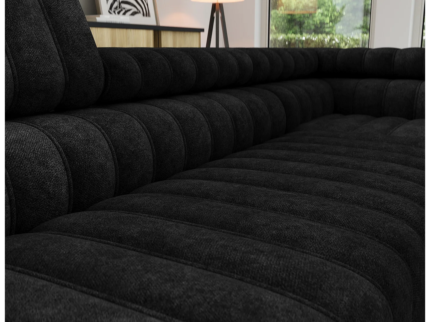 Canapé d’angle convertible KANDO en tissu texturé – 269cm-Noir-angle droit